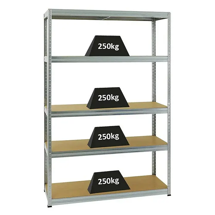 Proregal Schwerlastregal Big Elephant S - H x B x T: 180 x 120 x 45 cm, Traglast pro Boden: 250 kg, Anzahl Böden: 5 Stk., Stecken, Verzinkt - Bild eines silberfarbenen Metallregals mit vier Regalböden, von denen jeder mit einem schwarzen 250-kg-Gewicht belastet ist.