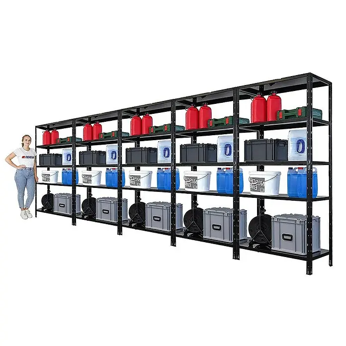 Proregal Metallregal Mega Deal Ares - H x B x T: 180 x 90 x 40 cm, Traglast pro Boden: 125 kg, Anzahl Böden: 5 Stk., Stecken, Schwarz - Ein großes, stabiles Metallregal mit fünf Ebenen, gefüllt mit verschiedenen Behältern und Werkzeugen, ideal für die Lagerung in Werkstätten oder Garagen.
