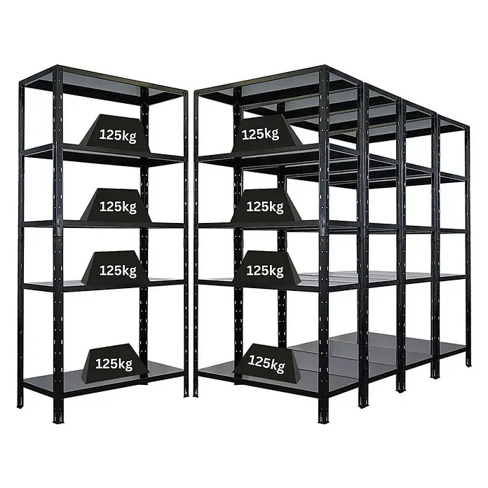 Proregal Metallregal Mega Deal Ares - H x B x T: 180 x 90 x 40 cm, Traglast pro Boden: 125 kg, Anzahl Böden: 5 Stk., Stecken, Schwarz - Metallregale mit mehreren Ebenen, beladen mit Gewichten, die die Tragfähigkeit des Produkts demonstrieren.