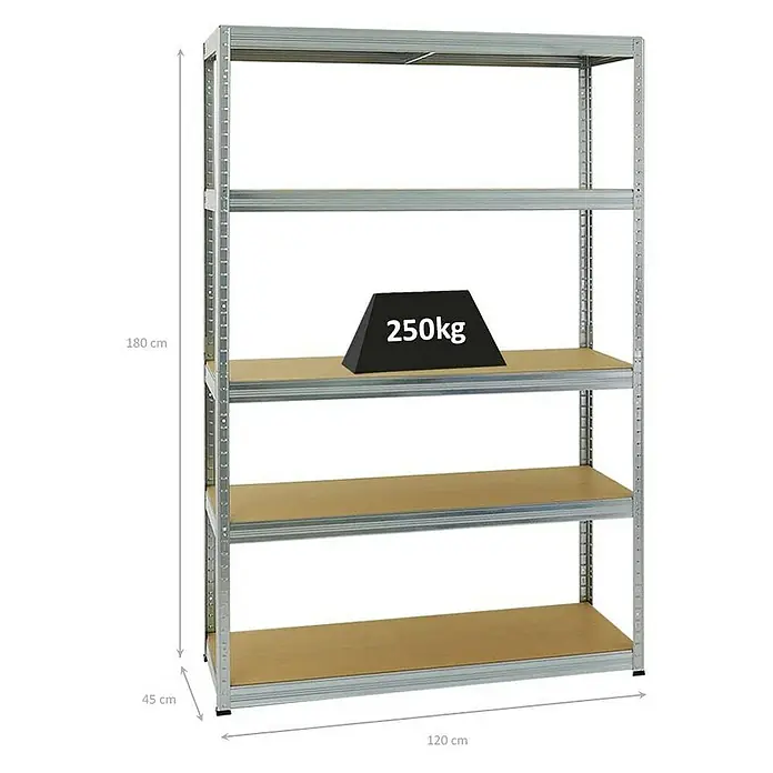 Proregal Schwerlastregal Big Elephant S - H x B x T: 180 x 120 x 45 cm, Traglast pro Boden: 250 kg, Anzahl Böden: 5 Stk., Stecken, Verzinkt - Metallregal mit vier Ablagen, beladen mit einem Gewicht von 250 kg. Abmessungen: 180 cm hoch, 120 cm breit und 45 cm tief.