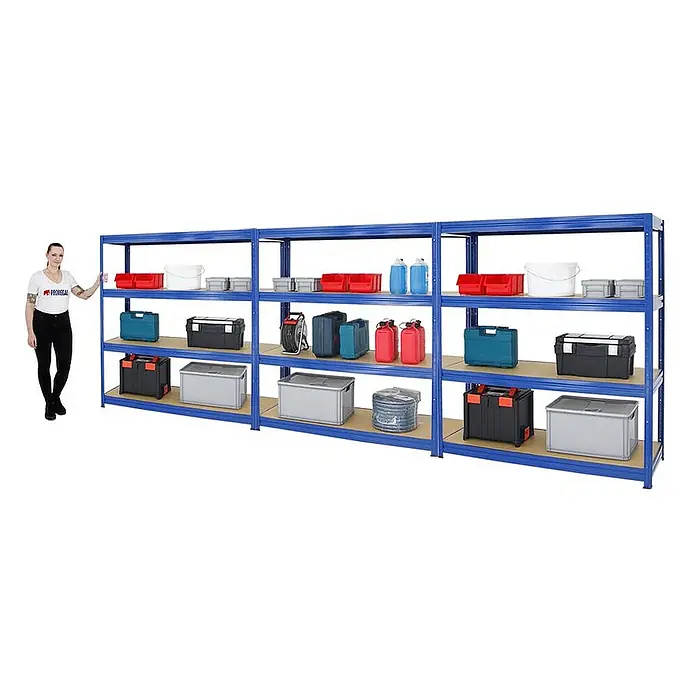 Proregal Schwerlastregal Mega Deal DINO - H x B x T: 180 x 160 x 60 cm, Traglast pro Boden: 600 kg, Anzahl Böden: 4 Stk., Stecken, Blau - Ein blaues, stabiles Regal mit drei Fächern, das mit verschiedenen Behältern und Werkzeugen gefüllt ist, für eine geordnete Lagerung.