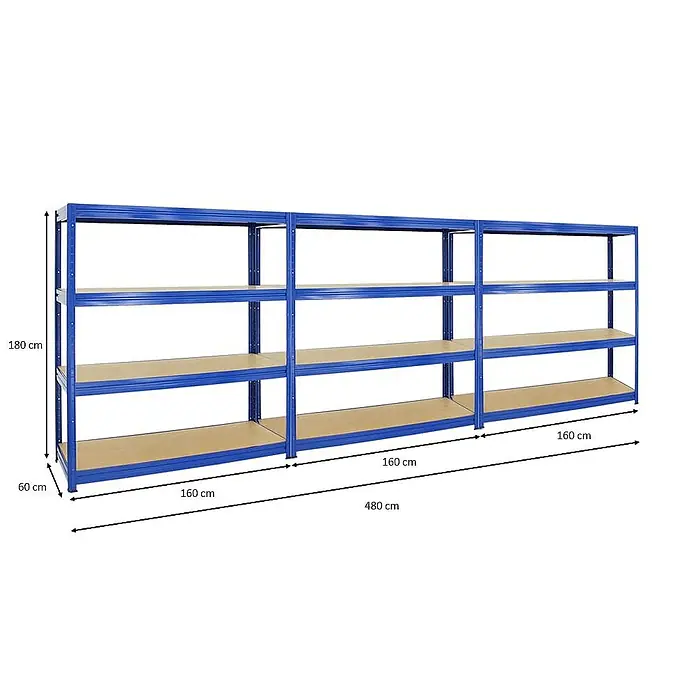 Proregal Schwerlastregal Mega Deal DINO - H x B x T: 180 x 160 x 60 cm, Traglast pro Boden: 600 kg, Anzahl Böden: 4 Stk., Stecken, Blau - Produktansicht des blauen Metallregalsystems mit vier Ebenen und detaillierten Maßangaben.