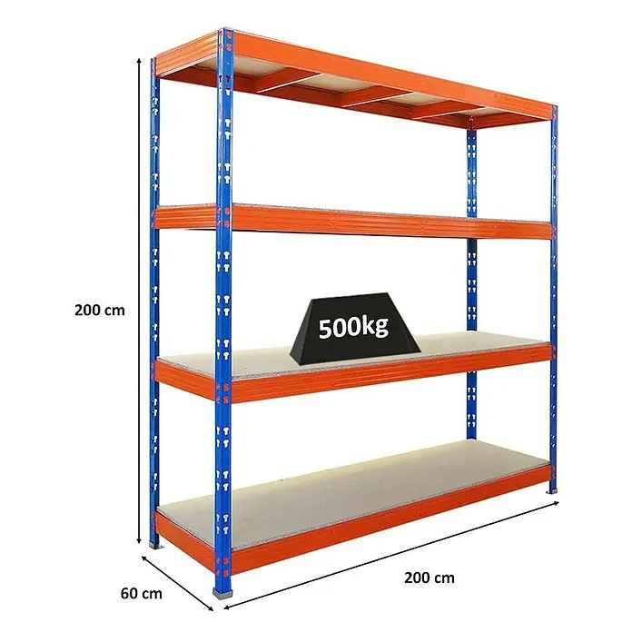Proregal Schwerlastregal Profi RHINO - H x B x T: 200 x 200 x 60 cm, Traglast pro Boden: 500 kg, Anzahl Böden: 4 Stk., Stecken, Schwarz - Bild eines Schwerlastregals mit vier Ebenen, belastet mit 500kg, Abmessungen 200x60x200 cm.