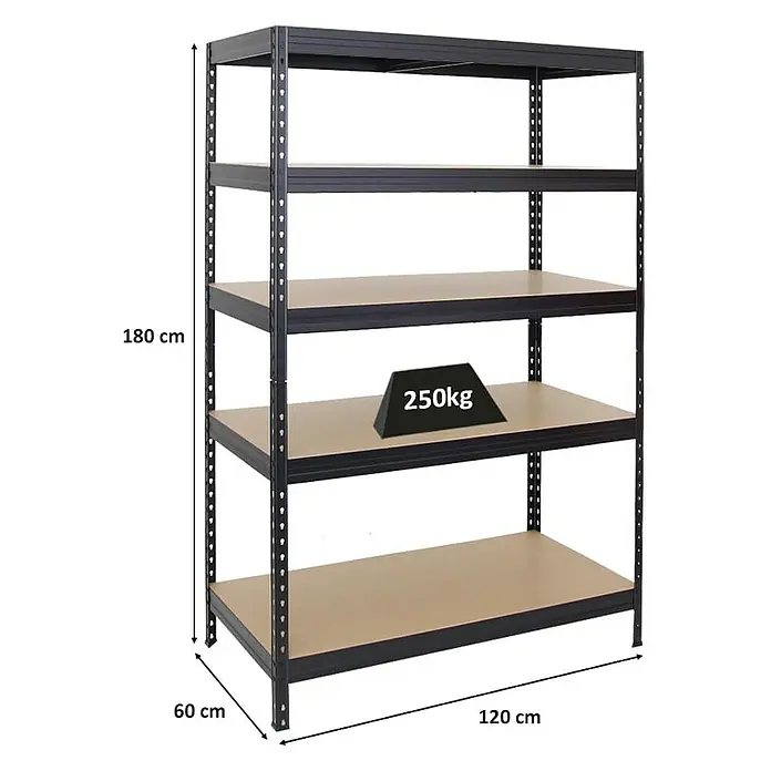 Proregal Schwerlastregal Rivet - H x B x T: 180 x 120 x 60 cm, Traglast pro Boden: 250 kg, Anzahl Böden: 5 Stk., Stecken, Schwarz - Produktabbildung eines schwarzen Schwerlastregals mit fünf Ablagen, das 250 kg tragen kann. Die Abmessungen sind 180x120x60 cm.
