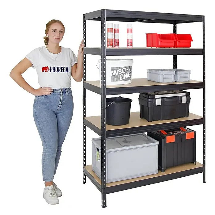 Proregal Schwerlastregal Rivet - H x B x T: 180 x 120 x 60 cm, Traglast pro Boden: 250 kg, Anzahl Böden: 5 Stk., Stecken, Schwarz - Ein geräumiges Regal mit fünf Ebenen, gefüllt mit Behältern, Werkzeugen und Farbeimern, ideal für Lagerung und Ordnung.