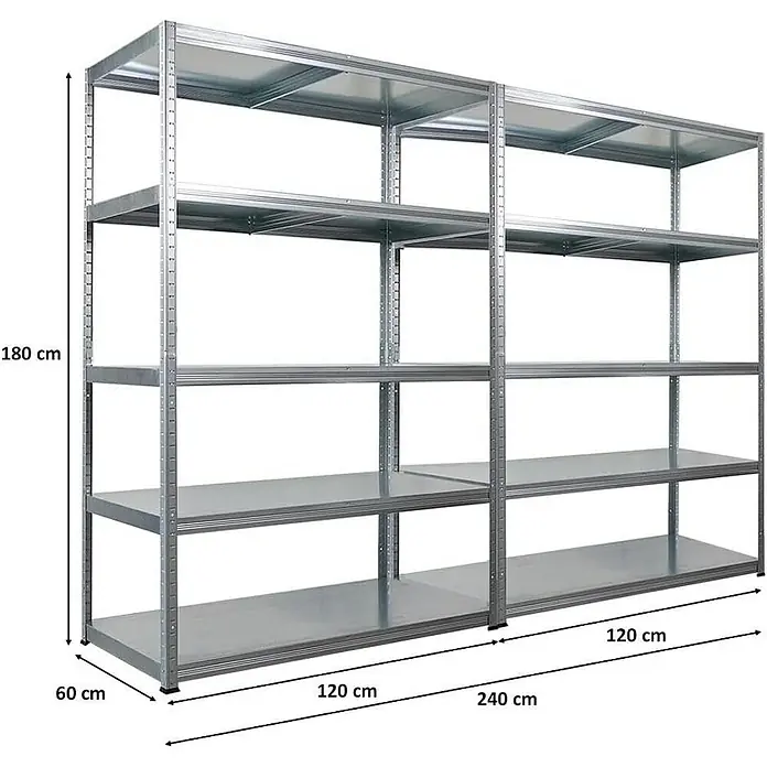Proregal Metallregal Mega Deal Steel Eagle - Traglast pro Boden: 130 kg, Anzahl Böden: 5 Stk., Stecken, Verzinkt - Ein graues Metallregal mit fünf Ablagen, das sowohl für Lagerung als auch für Organisation geeignet ist. Es ist robust und langlebig.