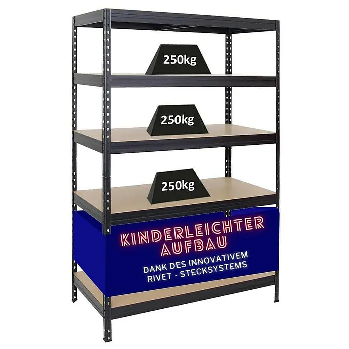 Proregal Schwerlastregal Rivet - H x B x T: 180 x 120 x 60 cm, Traglast pro Boden: 250 kg, Anzahl Böden: 5 Stk., Stecken, Schwarz - Schwarzes Schwerlastregal mit fünf Ebenen, wobei die oberen drei mit je 250 kg belastet sind.