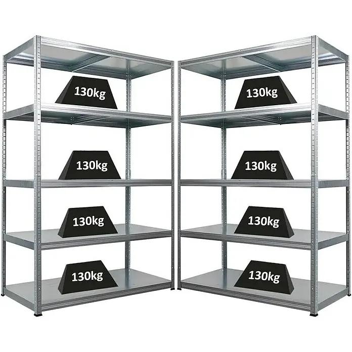 Proregal Metallregal Mega Deal Steel Eagle - Traglast pro Boden: 130 kg, Anzahl Böden: 5 Stk., Stecken, Verzinkt - Zwei Schwerlastregale aus Metall, jeweils mit fünf Ebenen, beladen mit Gewichten von 130kg, ideal für Lagerung und Ordnung.