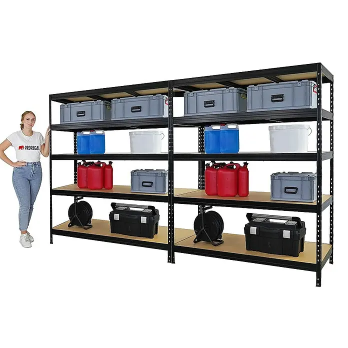 Proregal Schwerlastregal Mega Deal Rivet - H x B x T: 180 x 150 x 60 cm, Traglast pro Boden: 250 kg, Anzahl Böden: 5 Stk., Stecken, Schwarz - Ein gut sortiertes, schwarzes Metallregal mit fünf Ebenen und diversen Aufbewahrungsbehältern und Werkzeugen.