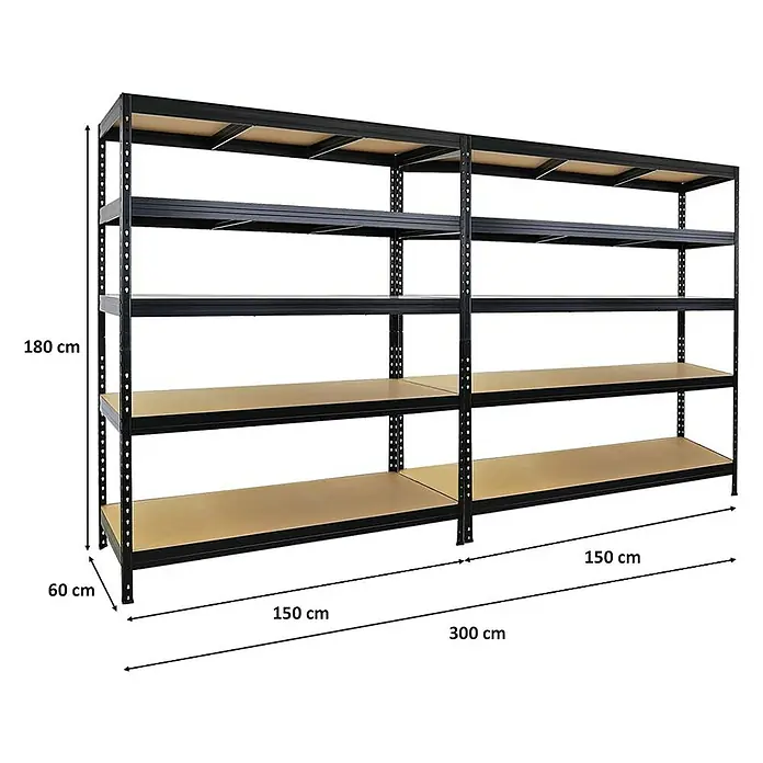 Proregal Schwerlastregal Mega Deal Rivet - H x B x T: 180 x 150 x 60 cm, Traglast pro Boden: 250 kg, Anzahl Böden: 5 Stk., Stecken, Schwarz - Abbildung eines Metallregals mit fünf Ebenen und braunen Regalböden, das 180 cm hoch, 60 cm tief und 300 cm breit ist.