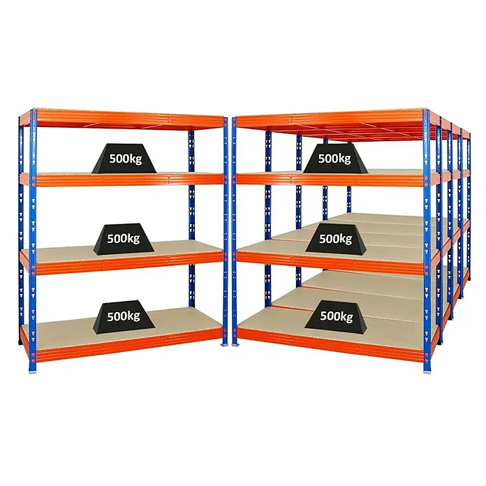 Proregal Schwerlastregal Mega Deal Profi RHINO - Traglast pro Boden: 500 kg, Anzahl Böden: 4 Stk., Stecken, Blau-Orange - Lagerregal mit Regalböden und schwarzen Gewichten, die das Gewicht von 500kg angeben. Das Regal ist blau und orange.