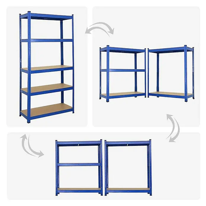Proregal Schwerlastregal Mega Deal Ragnar - H x B x T: 180 x 90 x 40 cm, Traglast pro Boden: 175 kg, Anzahl Böden: 5 Stk., Stecken, Blau - Dieses Bild zeigt ein blaues Metallregal, das zu mehreren kleineren Einheiten umgebaut werden kann und so Flexibilität bei der Lagerung bietet.