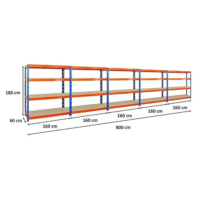 Proregal Schwerlastregal Mega Deal Profi RHINO - Traglast pro Boden: 500 kg, Anzahl Böden: 4 Stk., Stecken, Blau-Orange - Lagerregal mit vier Ebenen. Das Regal ist blau und orange und hat die Maße 180 cm Höhe, 60 cm Tiefe und 800 cm Länge.