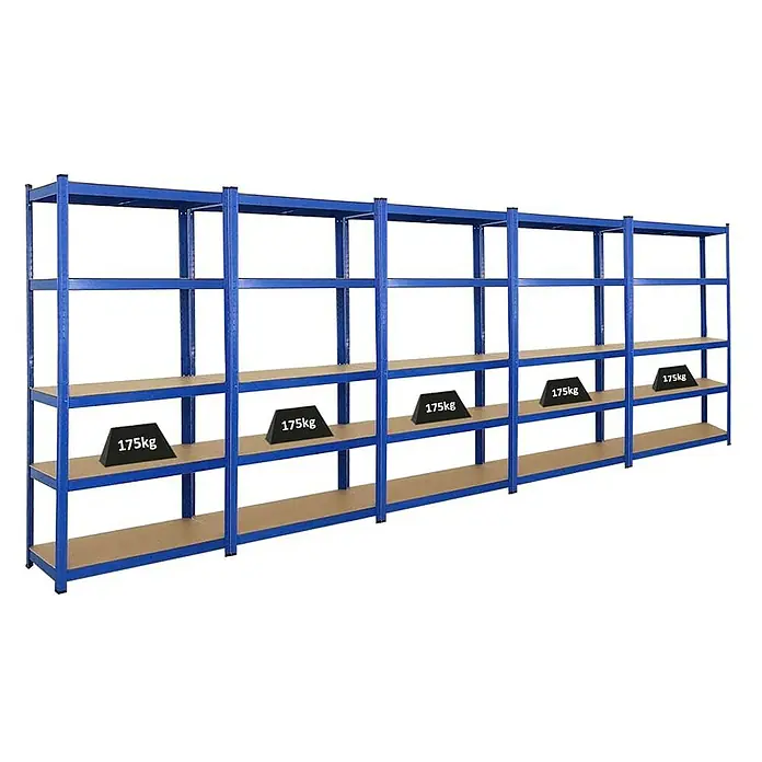 Proregal Schwerlastregal Mega Deal Ragnar - H x B x T: 180 x 90 x 40 cm, Traglast pro Boden: 175 kg, Anzahl Böden: 5 Stk., Stecken, Blau - Blaues Lagerregal mit fünf Fächern und Gewichten von 175 kg auf den mittleren Ablagen.