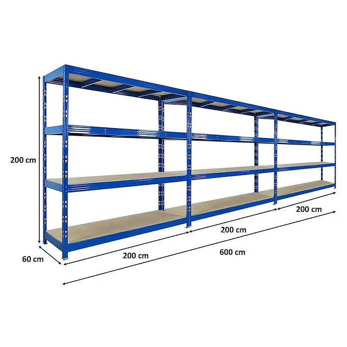 Proregal Schwerlastregal Mega Deal Profi RHINO - H x B x T: 200 x 200 x 60 cm, Traglast pro Boden: 500 kg, Anzahl Böden: 4 Stk., Stecken, Schwarz - Abbildung eines blauen Metallregalsystems mit vier Ebenen, das eine Höhe von 200 cm und eine Länge von 600 cm hat.
