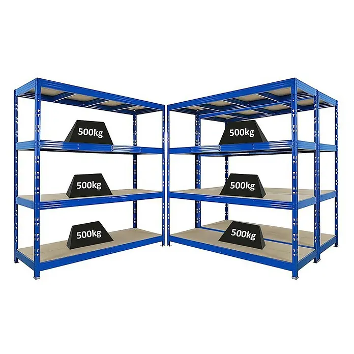 Proregal Schwerlastregal Mega Deal Profi RHINO - H x B x T: 200 x 200 x 60 cm, Traglast pro Boden: 500 kg, Anzahl Böden: 4 Stk., Stecken, Schwarz - Blaue Metallregale mit vier Regalböden, auf denen jeweils 500kg schwere Gewichte liegen. Sie sind robust und zuverlässig.