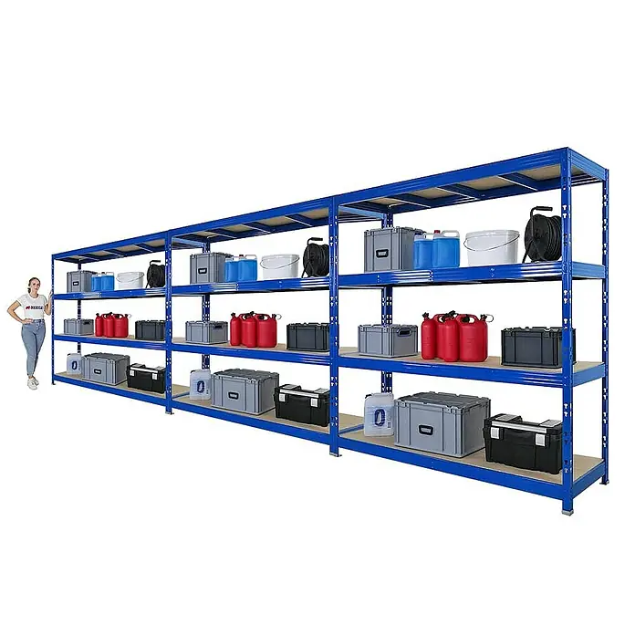 Proregal Schwerlastregal Mega Deal Profi RHINO - H x B x T: 200 x 200 x 60 cm, Traglast pro Boden: 500 kg, Anzahl Böden: 4 Stk., Stecken, Schwarz - Lagerregal aus blauem Metall mit Holzböden, beladen mit diversen Boxen und Behältern, ideal zur Aufbewahrung und Organisation.