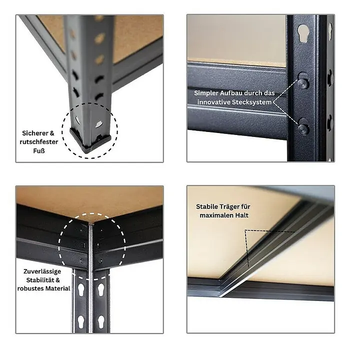 Proregal Schwerlastregal Mega Deal Rivet - Traglast pro Boden: 250 kg, Anzahl Böden: 5 Stk., Stecken, Schwarz - Detailaufnahmen eines schwarzen Metallregals, die die rutschfesten Füße, das Stecksystem, die Stabilität und die Träger hervorheben.