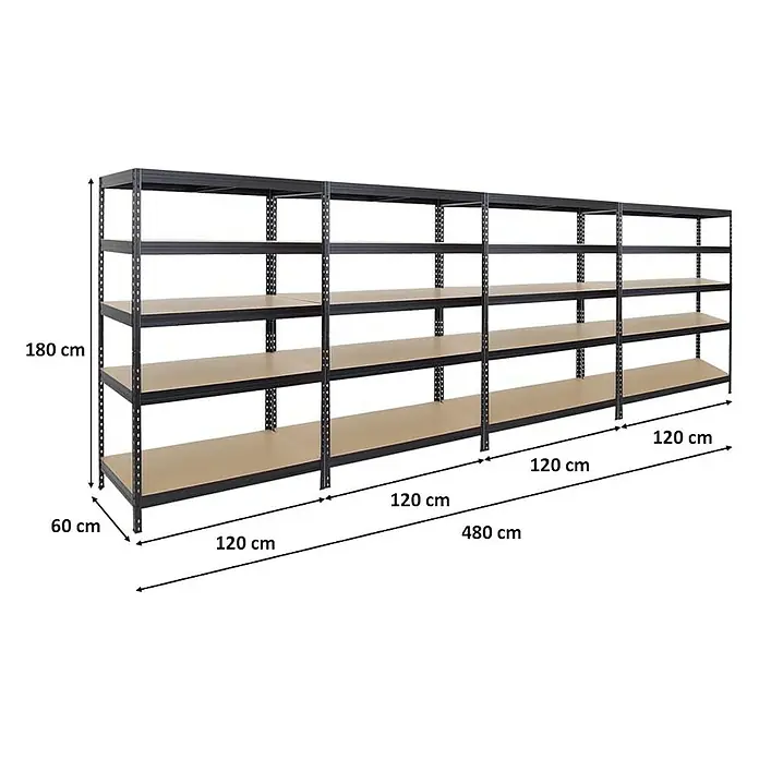 Proregal Schwerlastregal Mega Deal Rivet - Traglast pro Boden: 250 kg, Anzahl Böden: 5 Stk., Stecken, Schwarz - Abbildung eines Metallregals mit fünf Regalböden, das 180 cm hoch, 60 cm tief und insgesamt 480 cm breit ist.