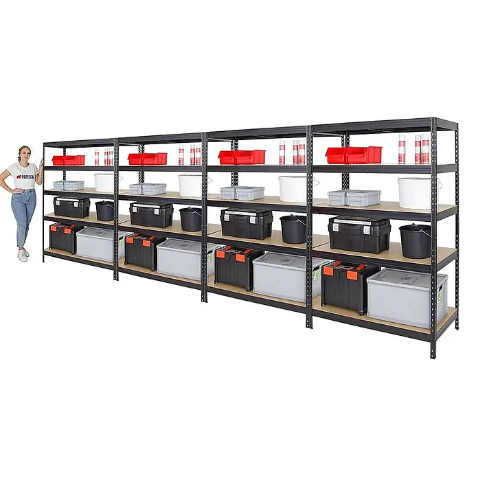 Proregal Schwerlastregal Mega Deal Rivet - Traglast pro Boden: 250 kg, Anzahl Böden: 5 Stk., Stecken, Schwarz - Regal mit Lagerbehältern verschiedener Typen und Größen, das viel Stauraum bietet.