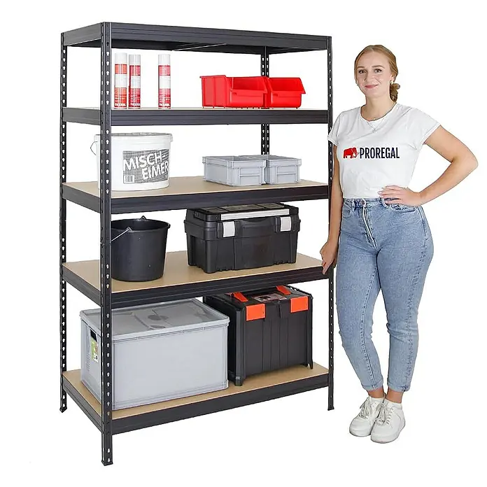 Proregal Schwerlastregal Mega Deal Rivet - Traglast pro Boden: 250 kg, Anzahl Böden: 5 Stk., Stecken, Schwarz - Schwarzes Metallregal mit fünf Regalböden, beladen mit diversen Werkzeugbehältern, neben einer Frau. Ideal für Werkstatt und Garage.