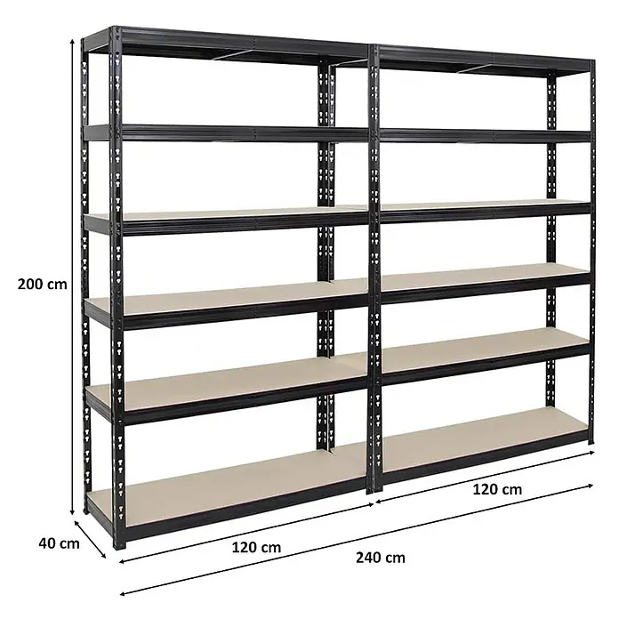 Proregal Schwerlastregal Mega Deal Giant Tiger - Traglast pro Boden: 265 kg, Anzahl Böden: 6 Stk., Stecken, Schwarz - Metallregal mit fünf Regalböden, ideal für Lagerung und Organisation. Robust und vielseitig, mit genauen Maßangaben.
