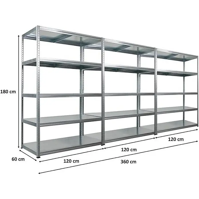 Proregal Metallregal Mega Deal Steel Eagle - Traglast pro Boden: 130 kg, Anzahl Böden: 5 Stk., Stecken, Verzinkt - Ein silbernes Metallregal mit vier Regalböden, ideal für Lagerung und Organisation. Das Regal ist robust und langlebig.