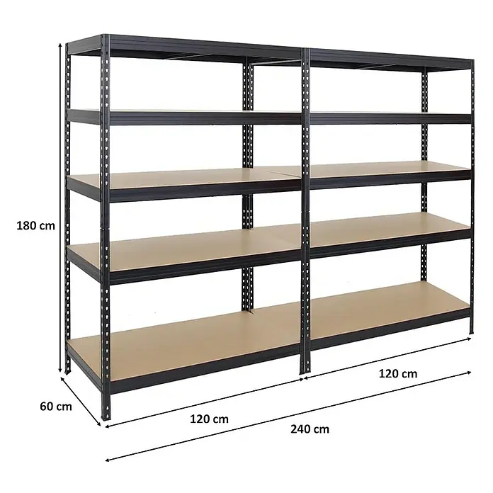 Proregal Schwerlastregal Mega Deal Rivet - Traglast pro Boden: 250 kg, Anzahl Böden: 5 Stk., Stecken, Schwarz - Das Bild zeigt ein Schwerlastregal mit fünf Ebenen, das 180 cm hoch, 240 cm breit und 60 cm tief ist. Es besteht aus Metall und Holz.