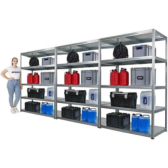 Proregal Metallregal Mega Deal Steel Eagle - Traglast pro Boden: 130 kg, Anzahl Böden: 5 Stk., Stecken, Verzinkt - Metallregal mit vier Ebenen, beladen mit diversen Behältern und Werkzeugen, ideal für Lagerung.