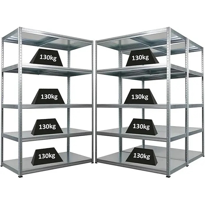 Proregal Metallregal Mega Deal Steel Eagle - Traglast pro Boden: 130 kg, Anzahl Böden: 5 Stk., Stecken, Verzinkt - Zwei Metallregale mit jeweils fünf Ebenen, beladen mit Gewichten von 130 kg, dargestellt in einer hellen Umgebung.