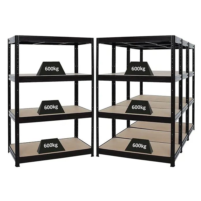 Proregal Schwerlastregal Mega Deal DINO - H x B x T: 180 x 120 x 60 cm, Traglast pro Boden: 600 kg, Anzahl Böden: 4 Stk., Stecken, Schwarz - Metallregale mit 600kg Gewicht auf jedem Regalbrett, robust und belastbar für Lagerzwecke.