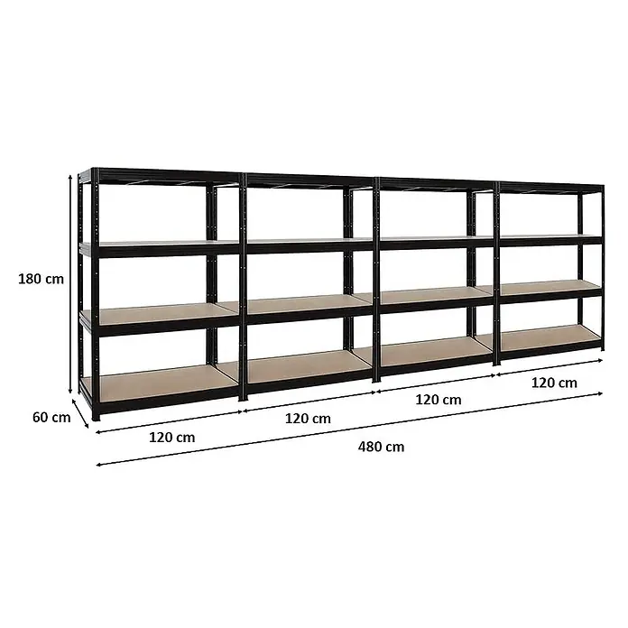 Proregal Schwerlastregal Mega Deal DINO - H x B x T: 180 x 120 x 60 cm, Traglast pro Boden: 600 kg, Anzahl Böden: 4 Stk., Stecken, Schwarz - Vier schwarze Regale mit Holzregalböden sind in diesem Bild zu sehen, mit Größenangaben.