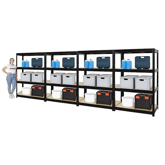 Proregal Schwerlastregal Mega Deal DINO - H x B x T: 180 x 120 x 60 cm, Traglast pro Boden: 600 kg, Anzahl Böden: 4 Stk., Stecken, Schwarz - Bild eines schwarzen Metallregals mit vier Ebenen, gefüllt mit verschiedenen Behältern und einer Person, die daneben steht.