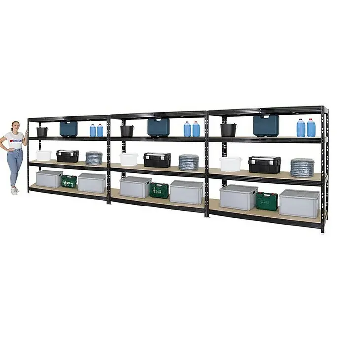 Proregal Schwerlastregal Mega Deal Profi RHINO - Traglast pro Boden: 500 kg, Anzahl Böden: 4 Stk., Stecken, Schwarz - Ein robustes Schwerlastregal, ideal für Lagerung und Organisation, mit mehreren Ebenen und verschiedenen Behältern.