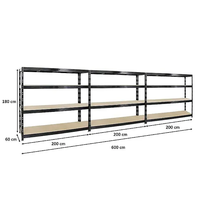 Proregal Schwerlastregal Mega Deal Profi RHINO - Traglast pro Boden: 500 kg, Anzahl Böden: 4 Stk., Stecken, Schwarz - Abbildung eines schwarzen Metallregals mit Maßen. Dieses Regal eignet sich ideal für die Lagerung und Organisation verschiedener Gegenstände.