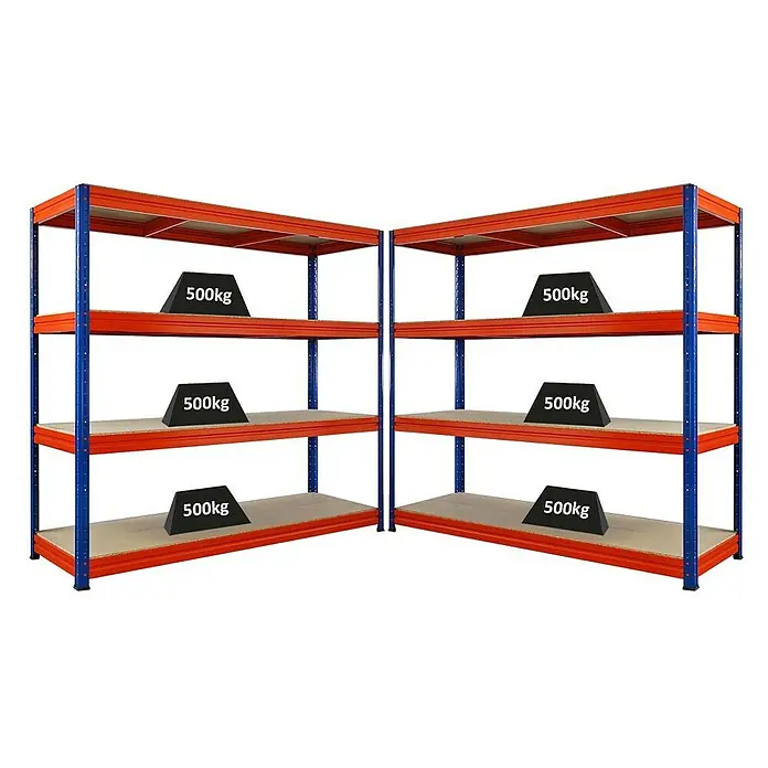 Proregal Schwerlastregal Mega Deal DINO - H x B x T: 180 x 200 x 60 cm, Traglast pro Boden: 500 kg, Anzahl Böden: 4 Stk., Stecken, Blau-Orange - Schwerlastregale mit je 500kg Gewicht auf jeder Ebene. Ideal für Lager und Werkstatt, robust und belastbar.