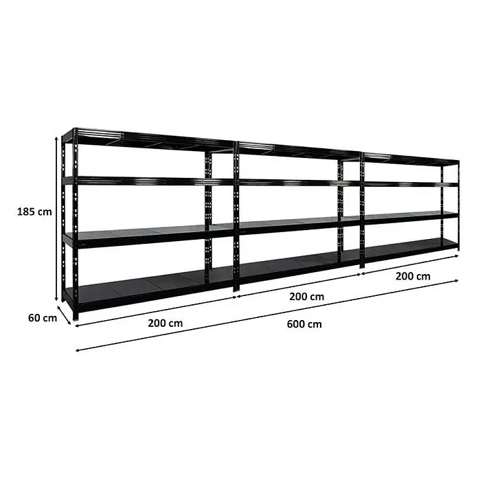 Proregal Schwerlastregal Mega Deal Profi RHINO - Traglast pro Boden: 500 kg, Anzahl Böden: 4 Stk., Stecken, Schwarz - Bild eines schwarzen Metallregals mit vier Ebenen und Maßangaben.
