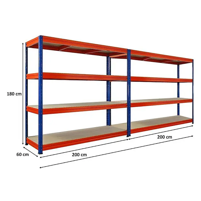 Proregal Schwerlastregal Mega Deal DINO - H x B x T: 180 x 200 x 60 cm, Traglast pro Boden: 500 kg, Anzahl Böden: 4 Stk., Stecken, Blau-Orange - Ein blau-oranges Schwerlastregal mit den Maßen 180x200x60 cm, ideal für Lagerung. Dieses robuste Regal bietet viel Stauraum.