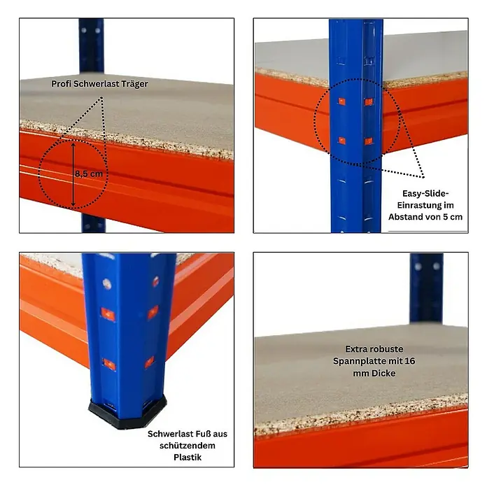 Proregal Schwerlastregal Mega Deal DINO - H x B x T: 180 x 200 x 60 cm, Traglast pro Boden: 500 kg, Anzahl Böden: 4 Stk., Stecken, Blau-Orange - Detailansichten eines Schwerlastregals mit Fokus auf Träger, Easy-Slide-System, Fuß und Spannplatte.