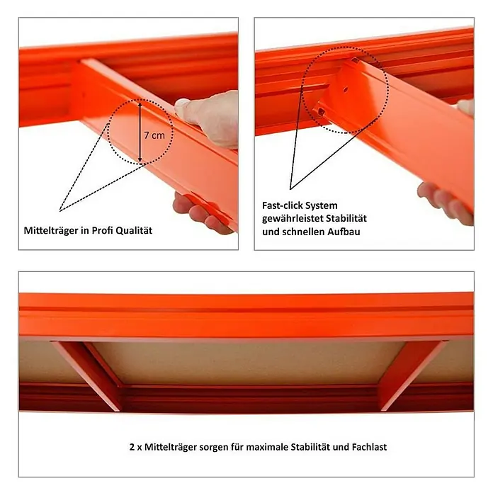 Proregal Schwerlastregal Mega Deal DINO - H x B x T: 180 x 200 x 60 cm, Traglast pro Boden: 500 kg, Anzahl Böden: 4 Stk., Stecken, Blau-Orange - Bild von einem orangefarbenen Regal mit Fokus auf die Mitttelträger, die für Stabilität sorgen und mit einem Fast-Click-System ausgestattet sind.