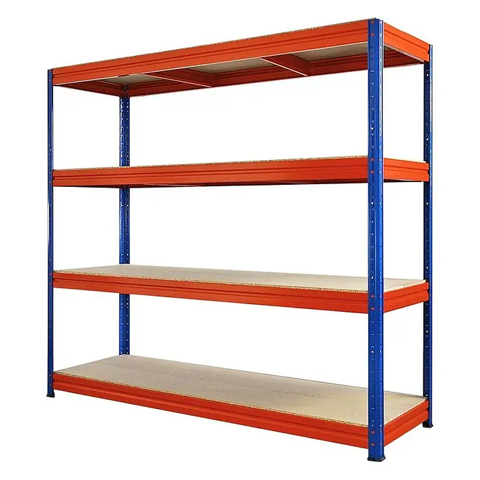 Proregal Schwerlastregal Mega Deal DINO - H x B x T: 180 x 200 x 60 cm, Traglast pro Boden: 500 kg, Anzahl Böden: 4 Stk., Stecken, Blau-Orange - Ein robustes, blau-oranges Lagerregal mit vier Ebenen zur optimalen Nutzung des Stauraums. Ideal für Werkstatt und Garage.