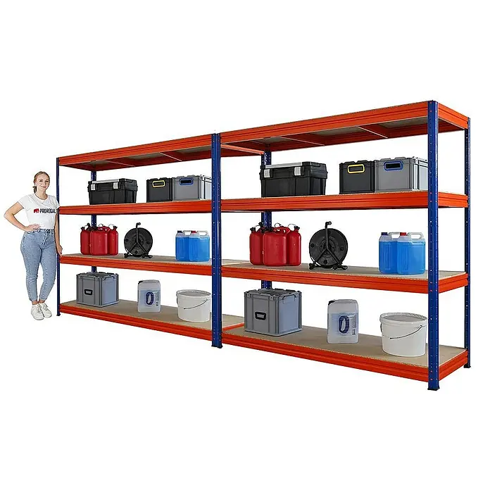 Proregal Schwerlastregal Mega Deal DINO - H x B x T: 180 x 200 x 60 cm, Traglast pro Boden: 500 kg, Anzahl Böden: 4 Stk., Stecken, Blau-Orange - Langlebiges Schwerlastregal mit vier Ebenen, ideal für Lagerung in Werkstatt, Garage oder Lagerraum. Robuste Konstruktion für hohe Belastbarkeit.