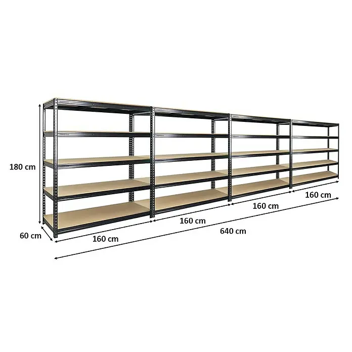 Proregal Schwerlastregal Mega Deal BISON - Traglast pro Boden: 600 kg, Anzahl Böden: 5 Stk., Stecken, Schwarz - Lagerregal mit fünf Ebenen und den Maßen 180 cm Höhe, 60 cm Tiefe und 640 cm Länge zur optimalen Lagerung verschiedener Gegenstände.