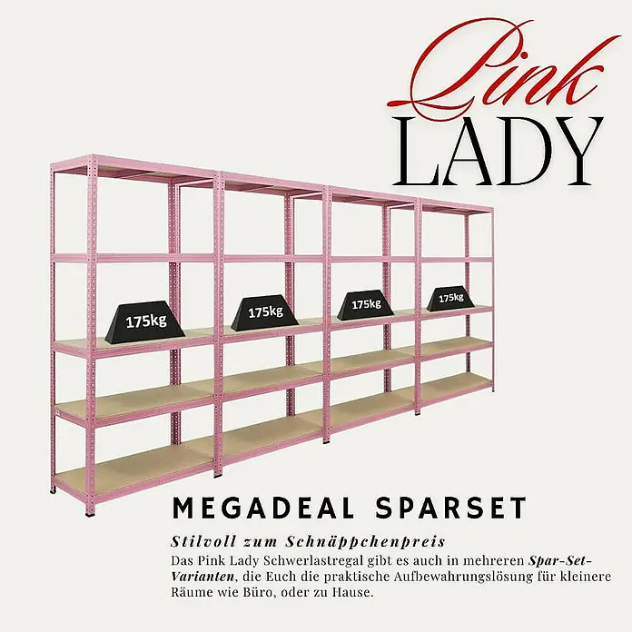Proregal Schwerlastregal PINK LADY - Traglast pro Boden: 175 kg, Anzahl Böden: 5 Stk., Stecken, Rosa - Schwerlastregal "Pink Lady" als Megadeal Sparset, stilvoll und preiswert. Ideal für Büro oder Zuhause, in verschiedenen Spar-Set-Varianten erhältlich.