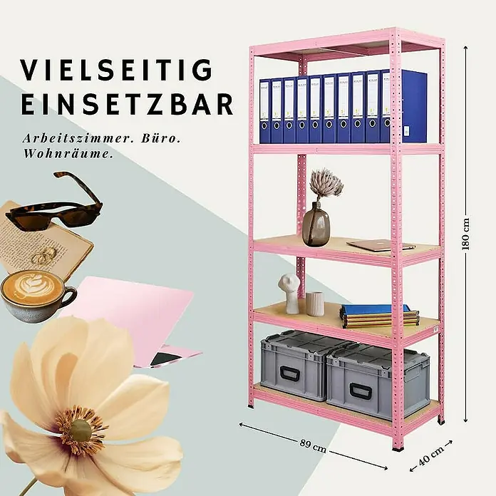 Proregal Schwerlastregal PINK LADY - Traglast pro Boden: 175 kg, Anzahl Böden: 5 Stk., Stecken, Rosa - Vielseitig einsetzbares Regal in Rosa, ideal für Arbeitszimmer, Büro oder Wohnräume. Maße: 180 cm Höhe, 89 cm Breite, 40 cm Tiefe.