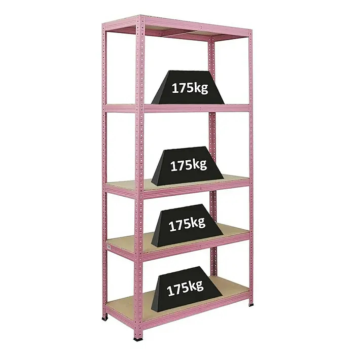 Proregal Schwerlastregal PINK LADY - Traglast pro Boden: 175 kg, Anzahl Böden: 5 Stk., Stecken, Rosa - Schwerlastregal aus rosafarbenem Metall mit vier Regalböden, jeweils mit einem Gewicht von 175 kg belastet.