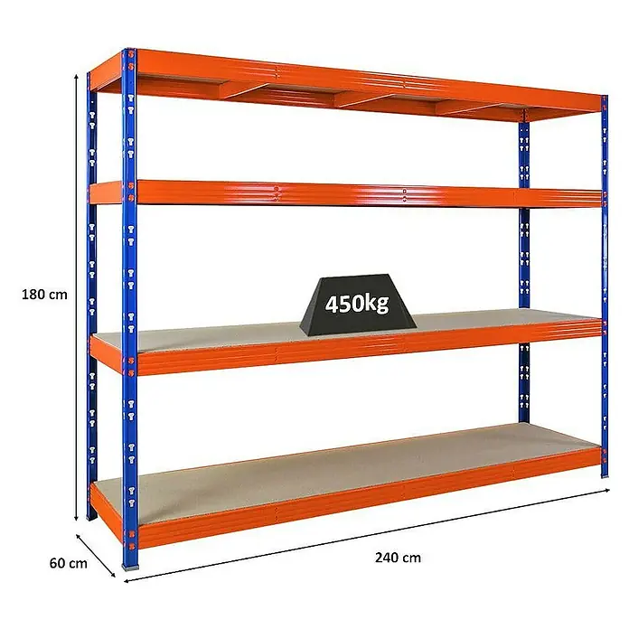 Proregal Schwerlastregal Profi RHINO - H x B x T: 180 x 240 x 60 cm, Traglast pro Boden: 450 kg, Anzahl Böden: 4 Stk., Stecken, Orange - Abbildung eines Schwerlastregals in Orange und Blau, mit den Maßen 180 cm Höhe, 240 cm Breite und 60 cm Tiefe, belastet mit 450 kg.
