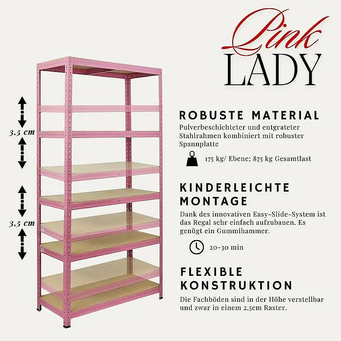 Proregal Schwerlastregal PINK LADY - Traglast pro Boden: 175 kg, Anzahl Böden: 5 Stk., Stecken, Rosa - Abbildung des Pink Lady Schwerlastregals mit sieben Böden, ideal für Lagerung.
