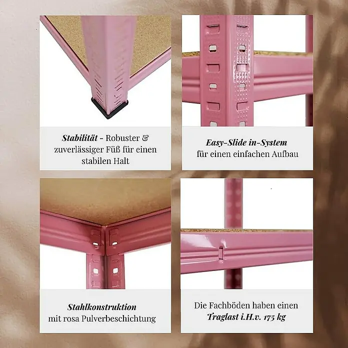 Proregal Schwerlastregal PINK LADY - Traglast pro Boden: 175 kg, Anzahl Böden: 5 Stk., Stecken, Rosa - Detailansichten eines rosafarbenen Metallregals, das Stabilität, einfache Montage und hohe Traglast betont.