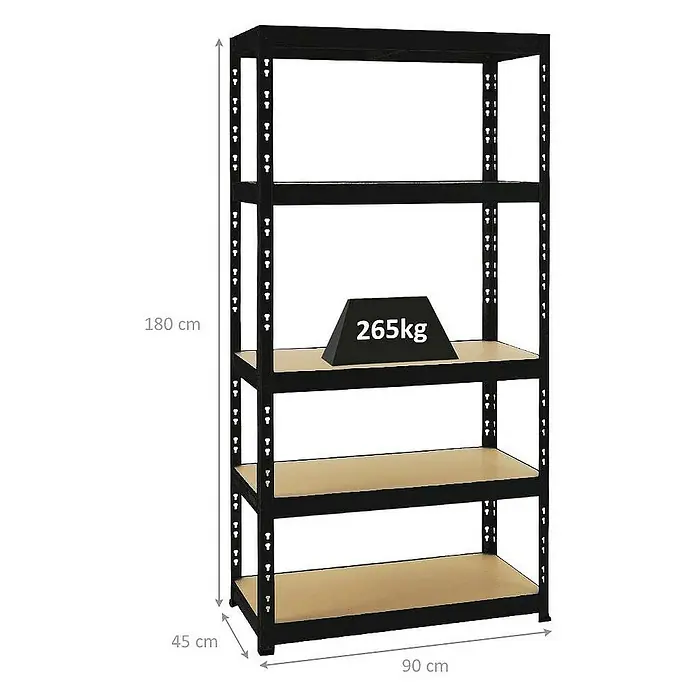 Proregal Schwerlastregal Tiger - H x B x T: 180 x 90 x 45 cm, Traglast pro Boden: 265 kg, Anzahl Böden: 5 Stk., Stecken, Schwarz - Schwarzes Metallregal mit vier Regalböden und den Maßen 180x90x45 cm. Auf einem Regal steht ein Gewicht mit der Aufschrift 265 kg.